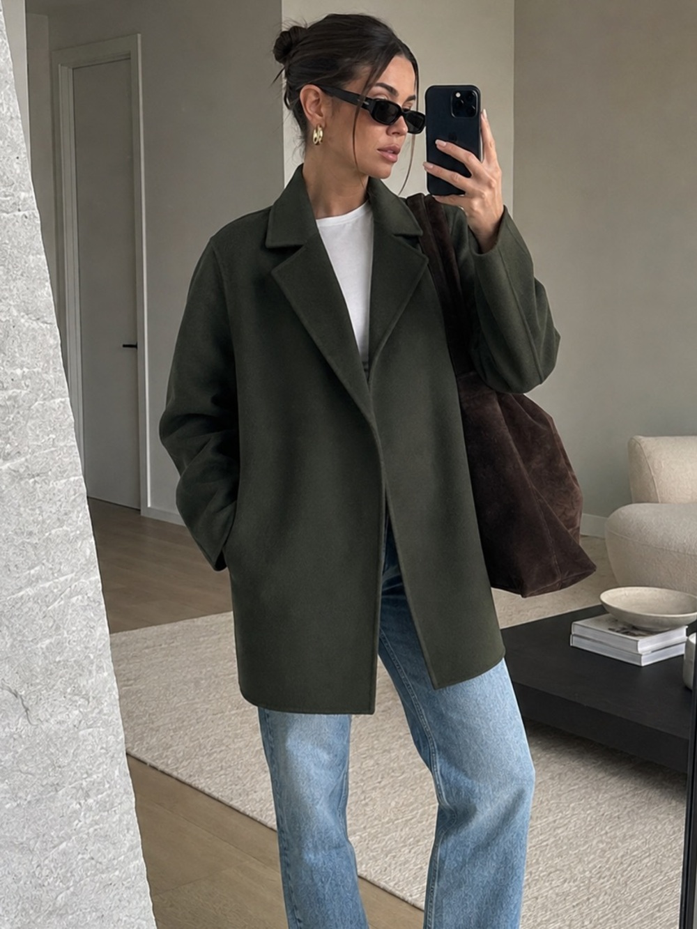 Theory Sileena Winsome Double Wool Cashmere Green Open Front Coat Jacket S
